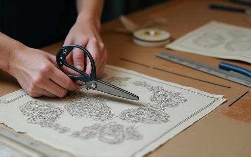 職人が型紙に合わせて生地を丁寧に裁断している様子