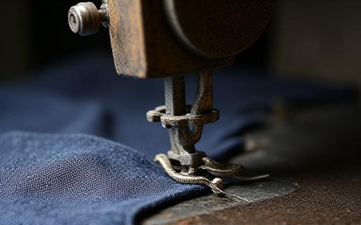 ヴィンテージミシンでのジャケットの襟部分の精密な縫製作業